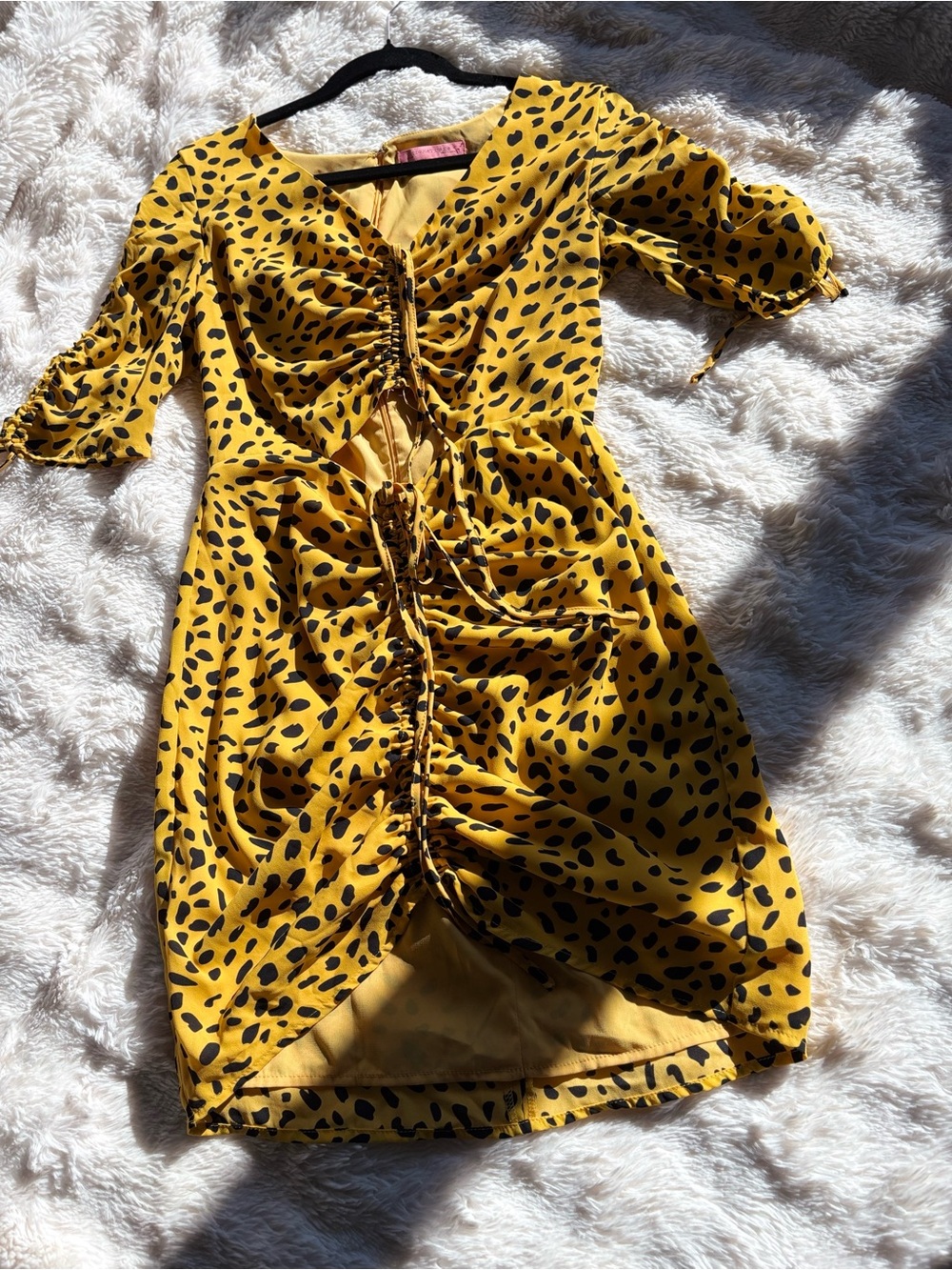 Yellow Ruched Leopard-Spot Women's Dress
